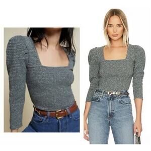 Nation LTD Alexandra Smocked Top Square Neck Gray Polka Dot Puff Sleeve Boho S